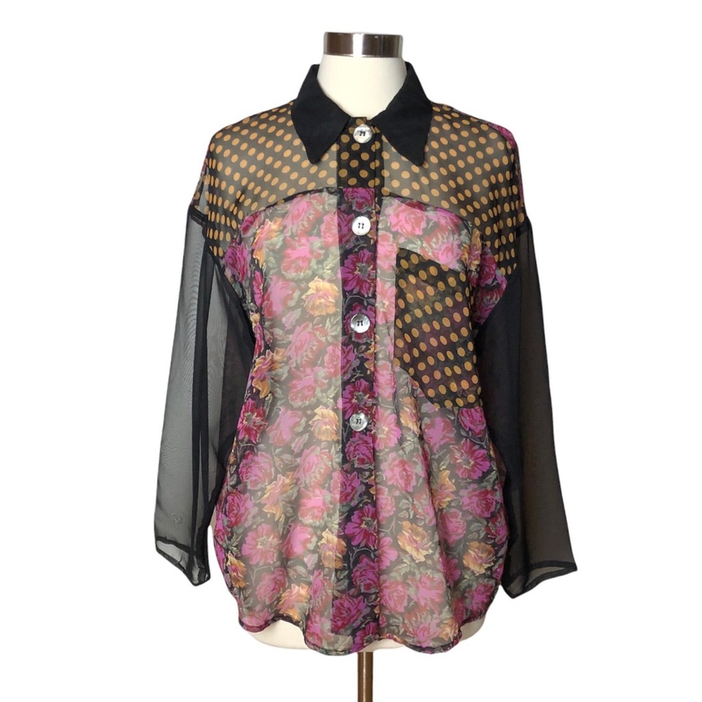 Vintage 2 Much LA Floral and Polka Dot Button Down Top